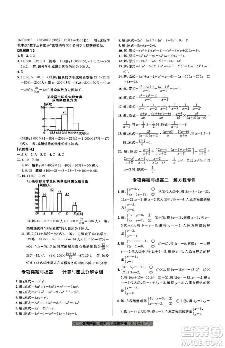 寧波出版社2023期末直通車七年級(jí)下冊(cè)數(shù)學(xué)浙教版參考答案