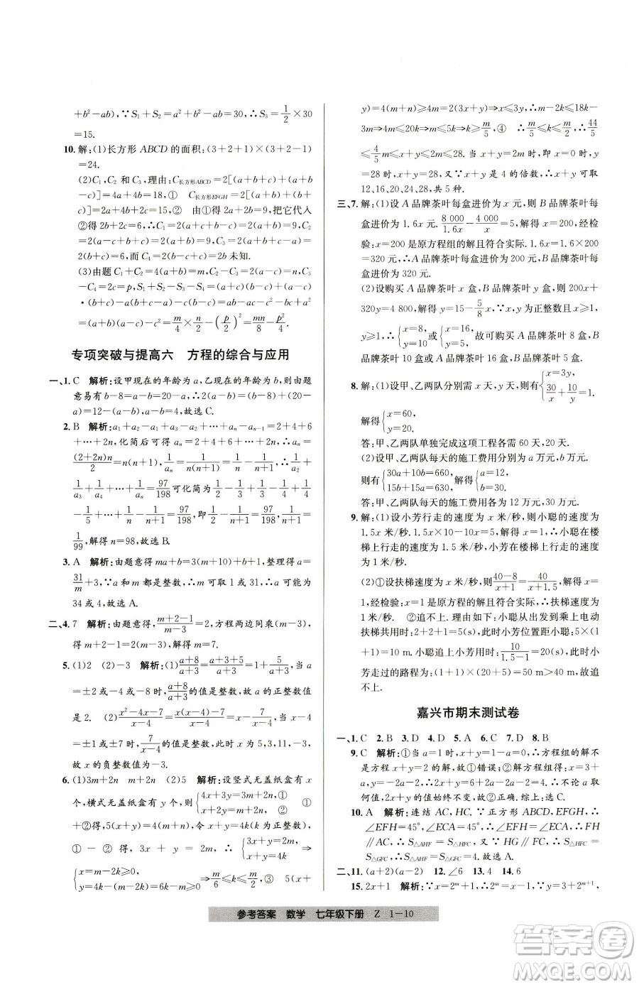 寧波出版社2023期末直通車七年級(jí)下冊(cè)數(shù)學(xué)浙教版參考答案