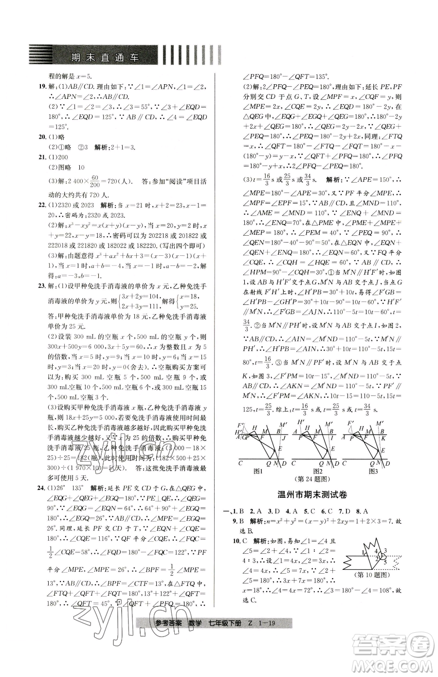 寧波出版社2023期末直通車七年級(jí)下冊(cè)數(shù)學(xué)浙教版參考答案