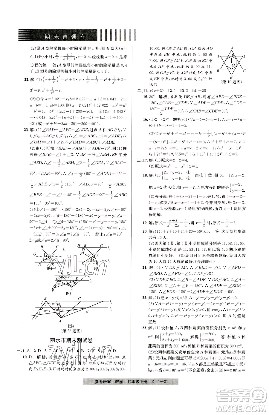 寧波出版社2023期末直通車七年級(jí)下冊(cè)數(shù)學(xué)浙教版參考答案