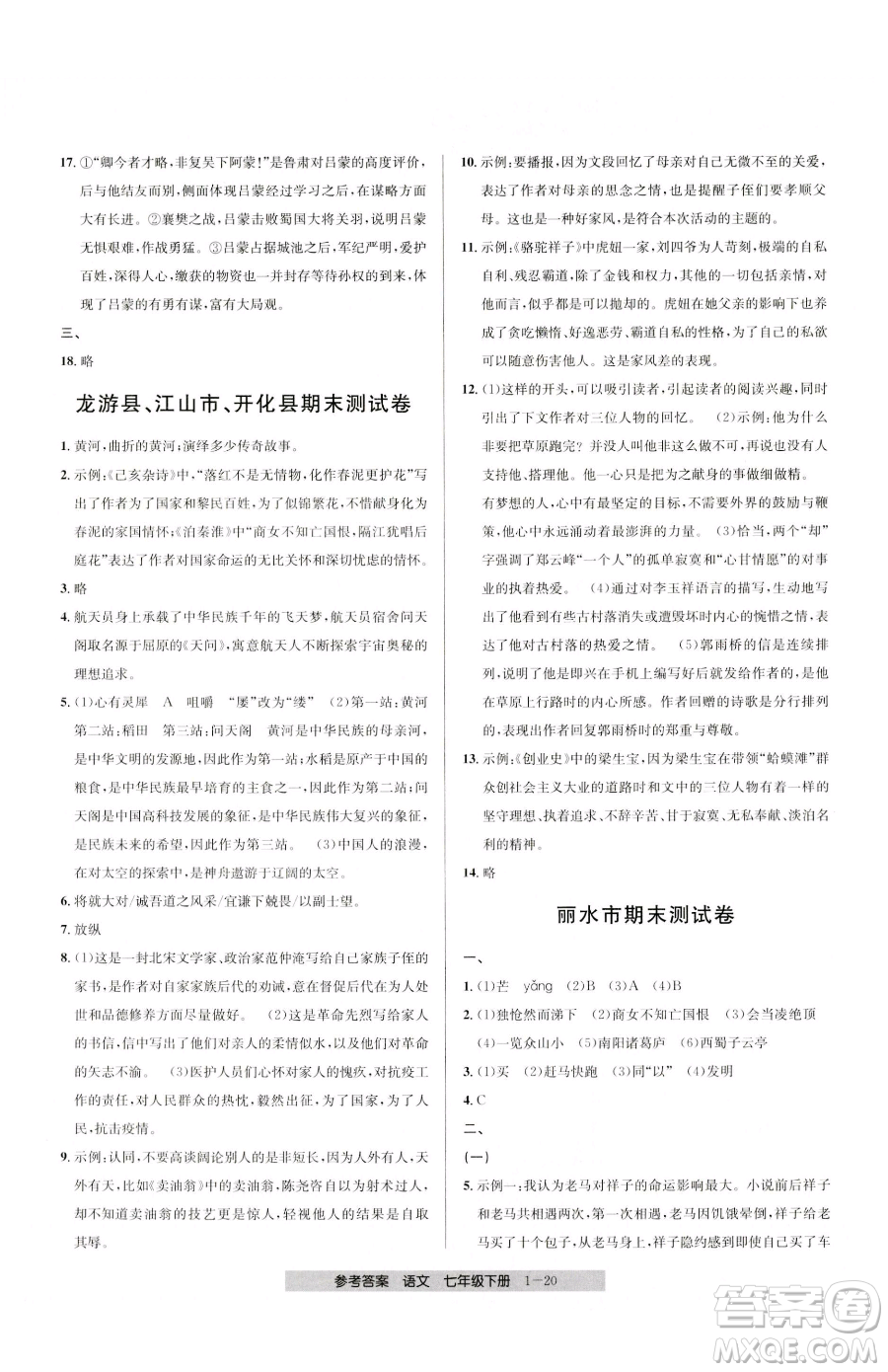 寧波出版社2023期末直通車七年級下冊語文人教版參考答案