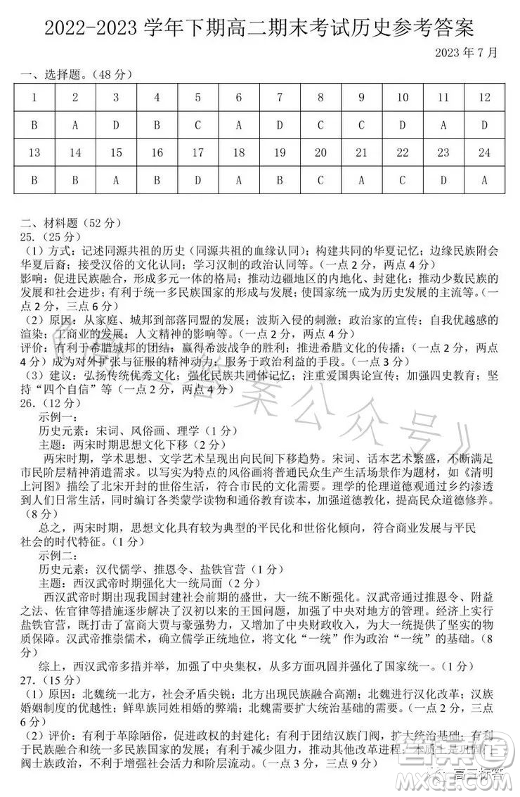 樂山市高中2024屆期末教學(xué)質(zhì)量檢測(cè)歷史試卷答案