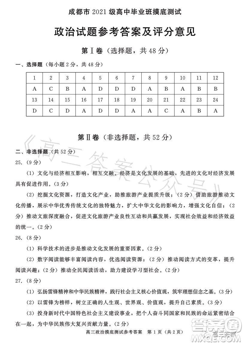 成都市2021級高中畢業(yè)班摸底測試政治試卷答案