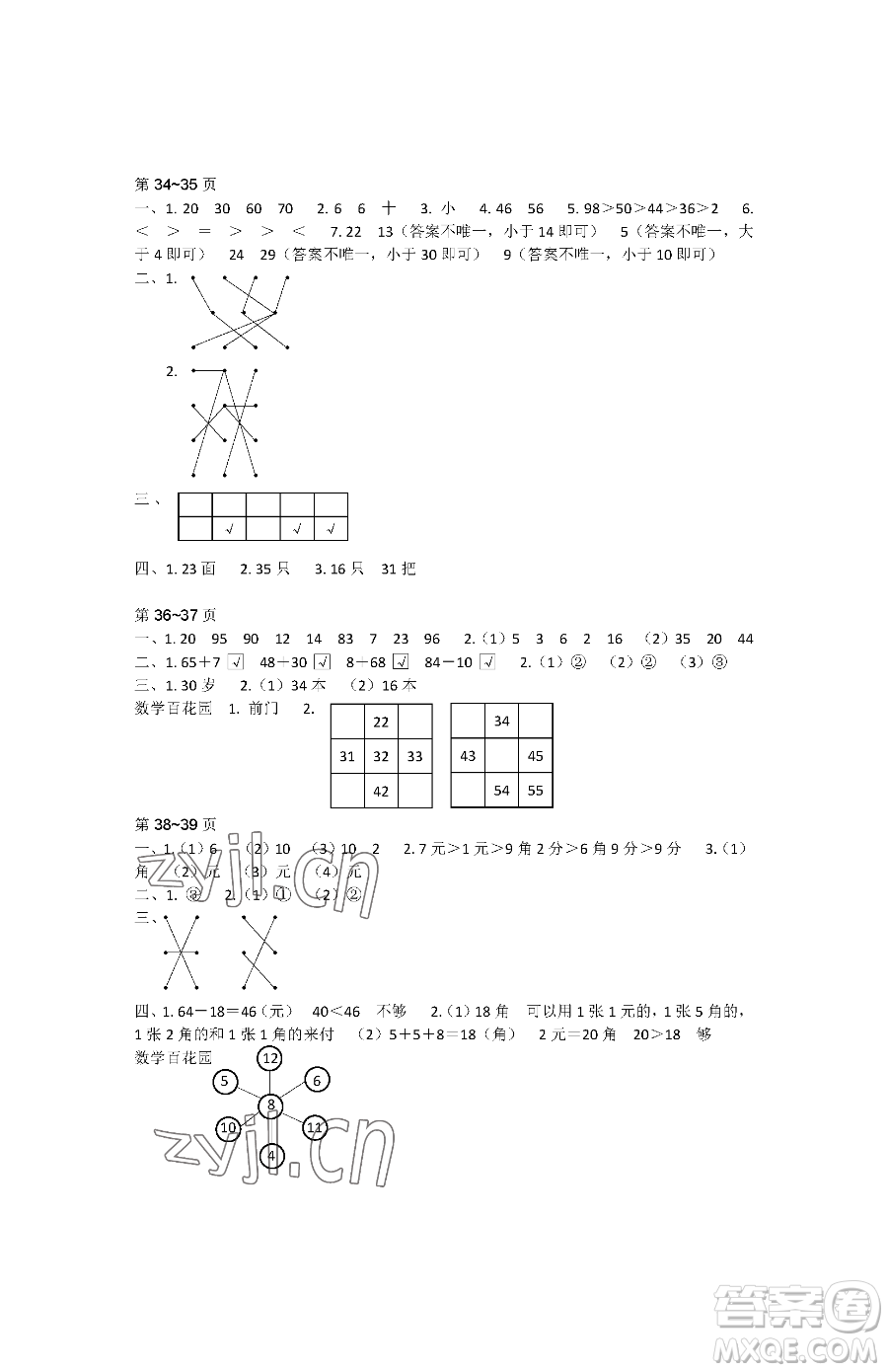 江蘇鳳凰教育出版社2023快樂暑假一年級數(shù)學蘇教版參考答案