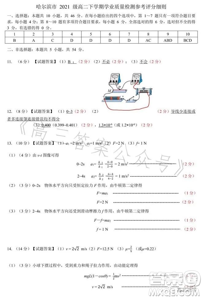 哈爾濱市2021級高二下學(xué)期學(xué)業(yè)質(zhì)量檢測物理試卷答案