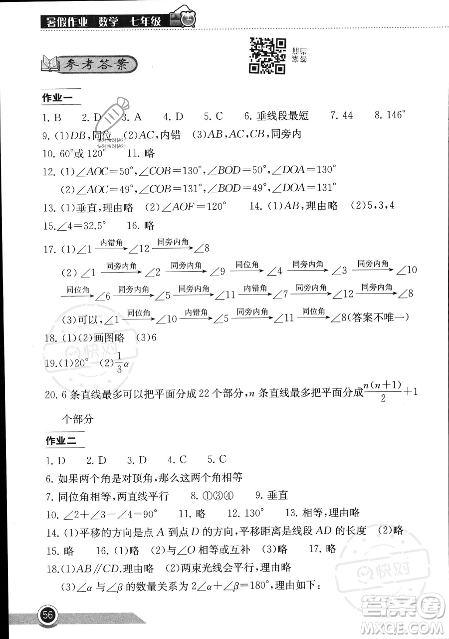 湖北教育出版社2023長江作業(yè)本暑假作業(yè)七年級(jí)數(shù)學(xué)通用版參考答案