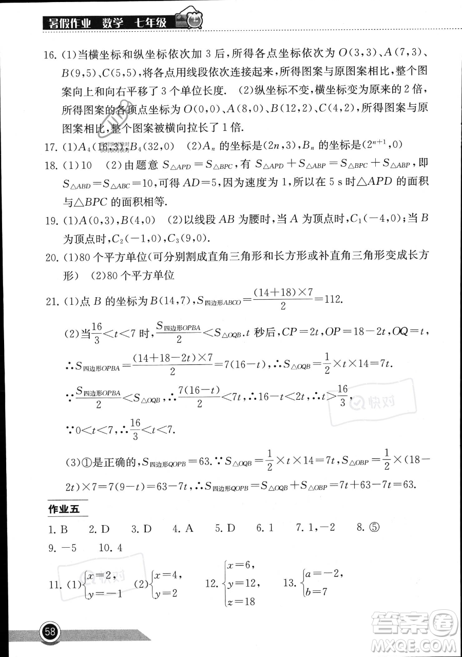 湖北教育出版社2023長江作業(yè)本暑假作業(yè)七年級(jí)數(shù)學(xué)通用版參考答案