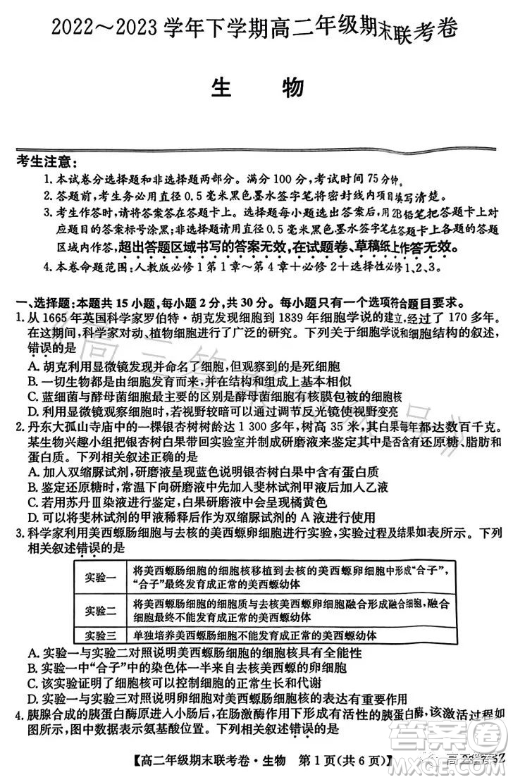 遼寧2023高二下學期期末聯(lián)考卷232755Z生物學試卷答案