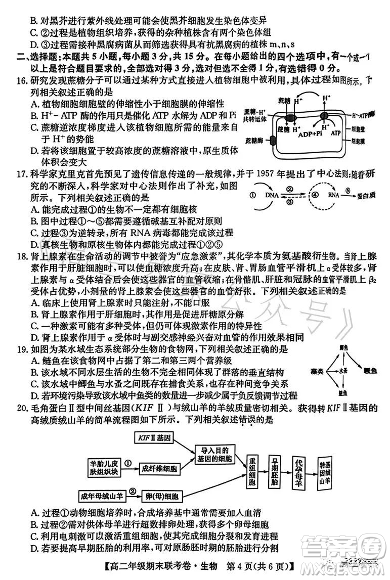 遼寧2023高二下學期期末聯(lián)考卷232755Z生物學試卷答案