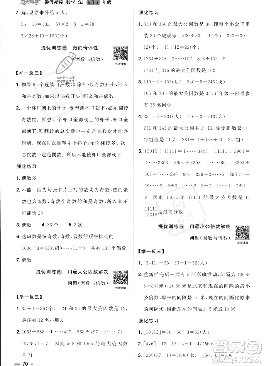 江西教育出版社2023陽(yáng)光同學(xué)暑假銜接5升6數(shù)學(xué)蘇教版答案