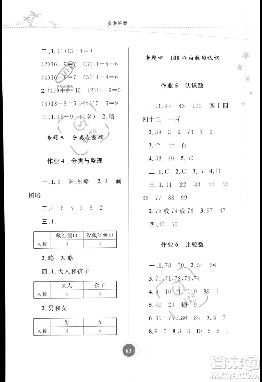 內(nèi)蒙古教育出版社2023年暑假作業(yè)一年級(jí)數(shù)學(xué)通用版答案