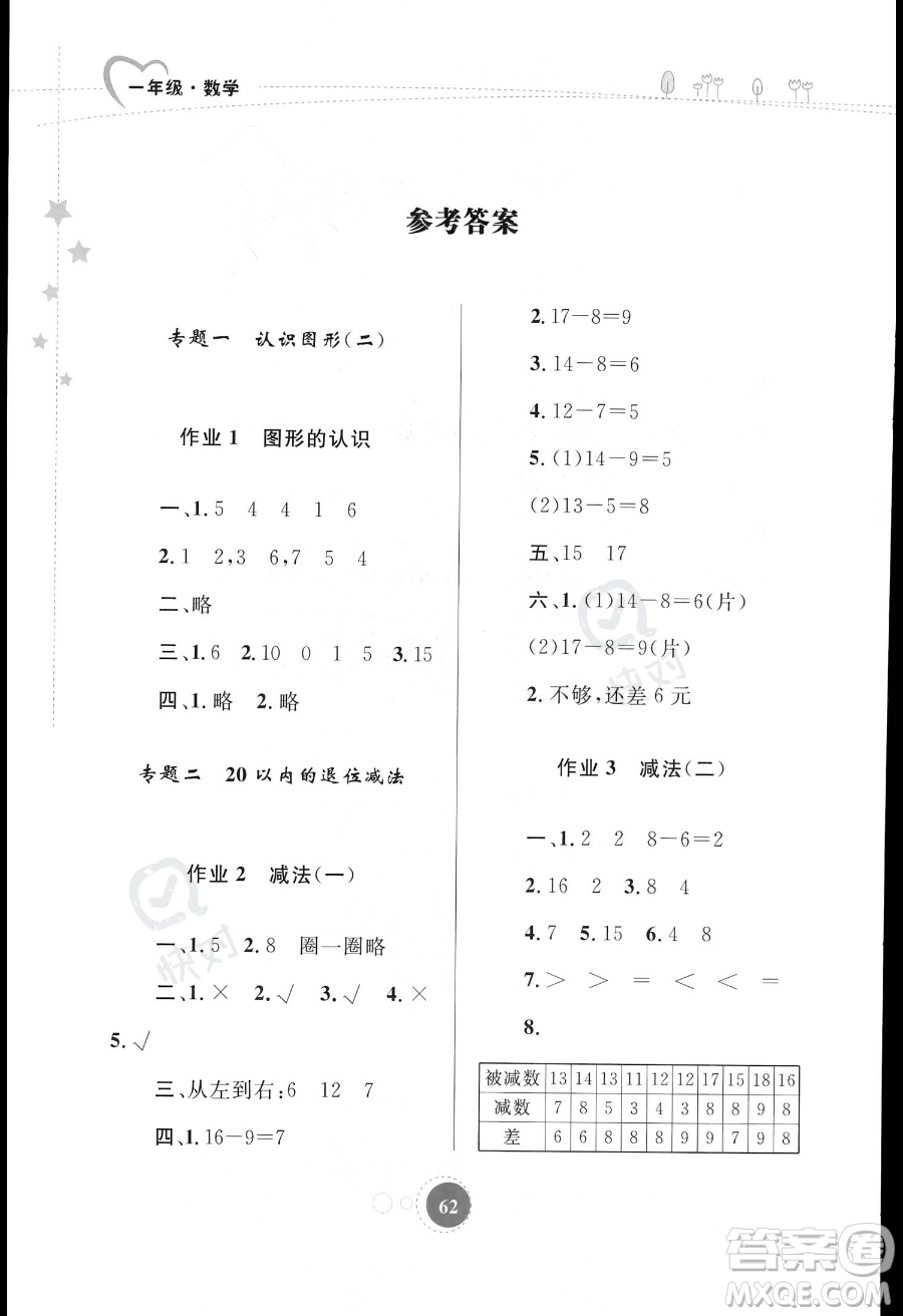 內(nèi)蒙古教育出版社2023年暑假作業(yè)一年級(jí)數(shù)學(xué)通用版答案