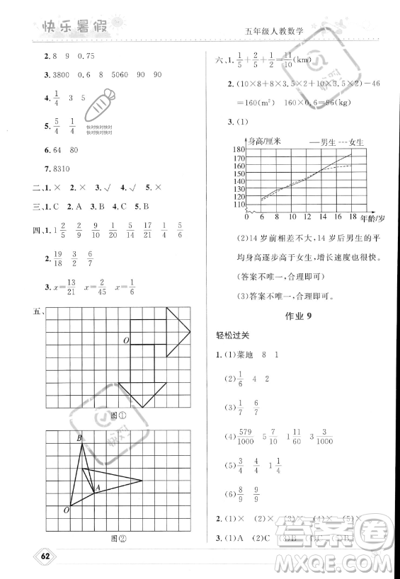 河北少年兒童出版社2023年小學生快樂暑假五年級數學人教版答案