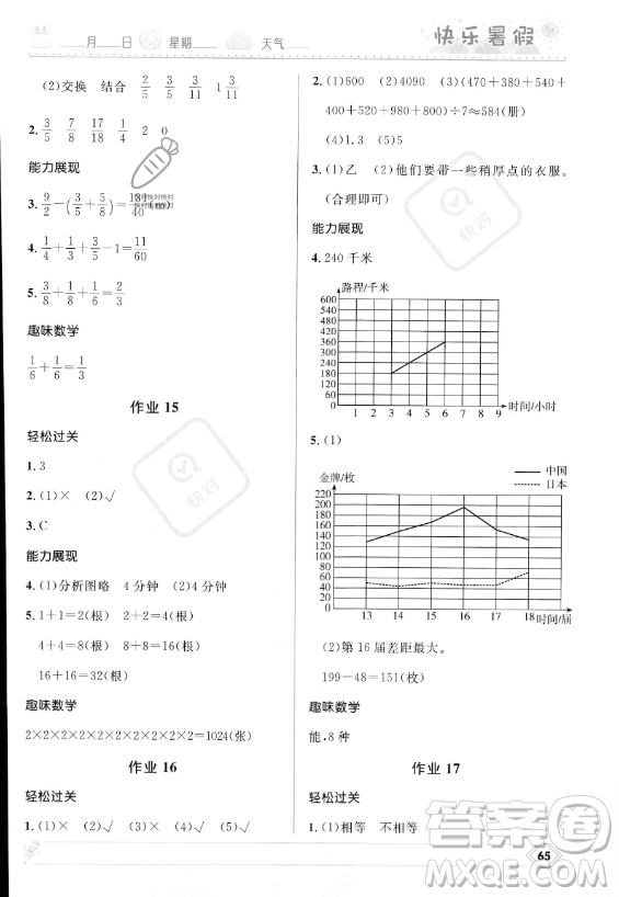 河北少年兒童出版社2023年小學生快樂暑假五年級數學人教版答案