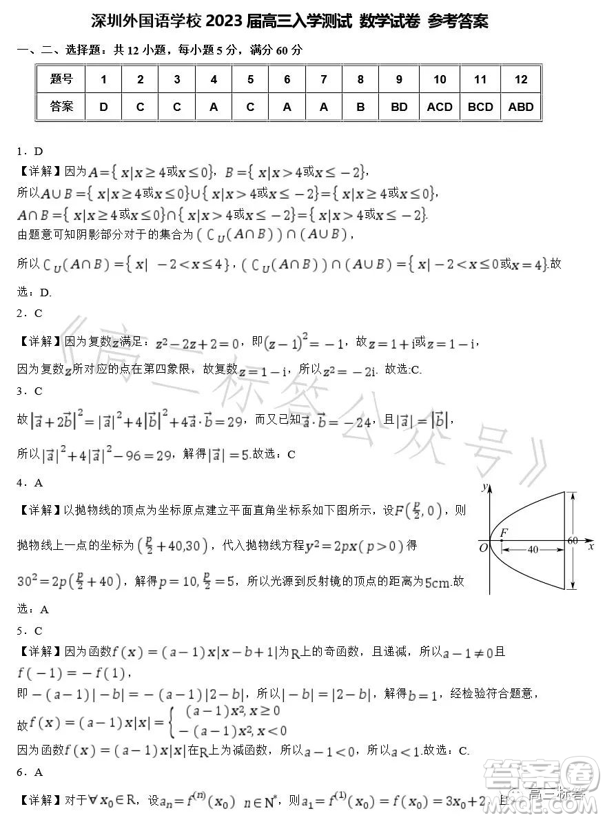 深圳外國語學校2024屆高三第一次月考數(shù)學試題答案