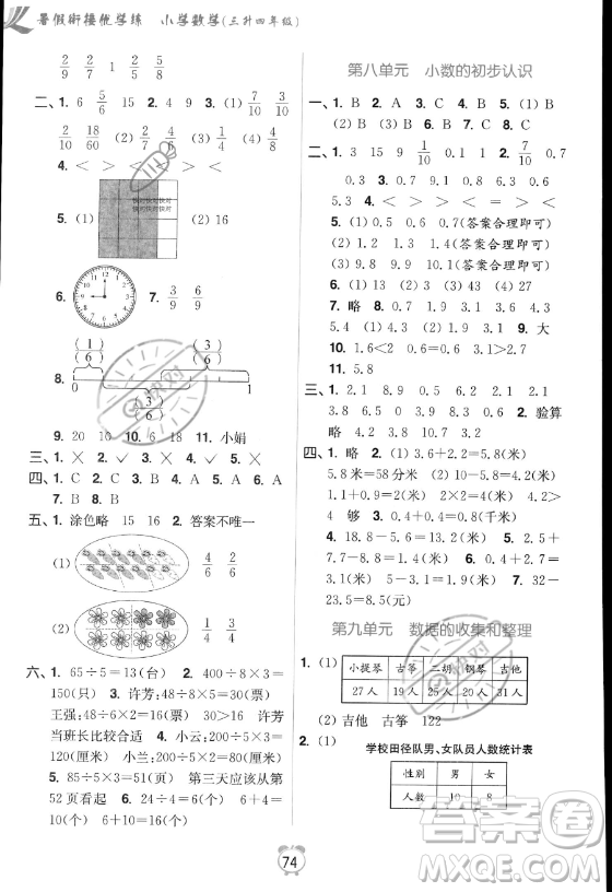 江蘇鳳凰美術(shù)出版社2023年超能學(xué)典暑假銜接優(yōu)學(xué)練三升四年級(jí)數(shù)學(xué)江蘇版答案