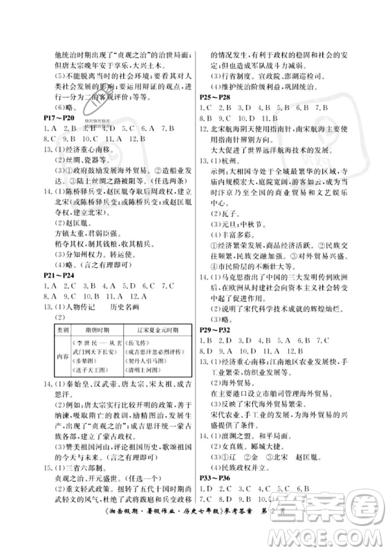 湖南大學(xué)出版社2023年湘岳假期暑假作業(yè)七年級歷史人教版答案