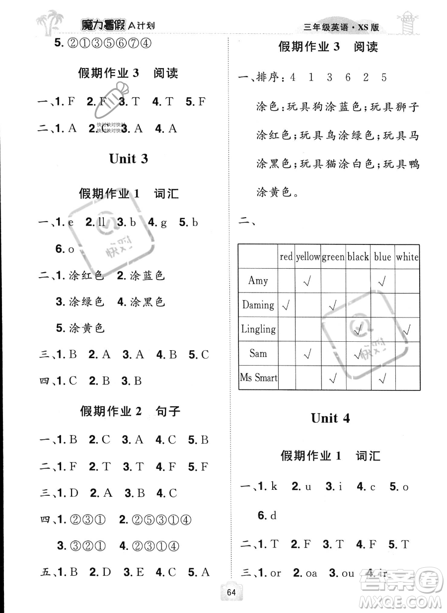 江西美術(shù)出版社2023年魔力暑假A計劃三年級英語西師大版答案