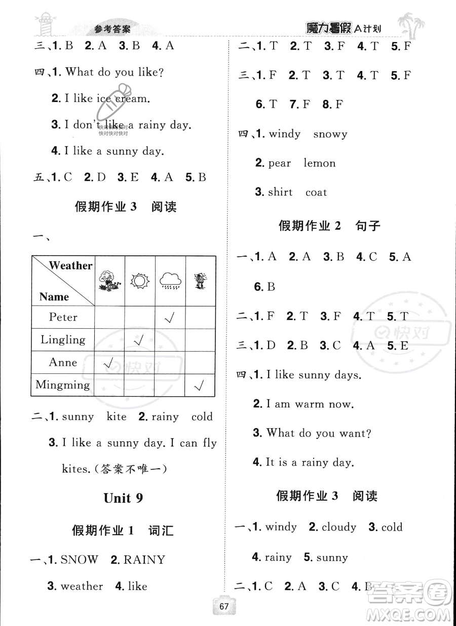 江西美術(shù)出版社2023年魔力暑假A計劃三年級英語西師大版答案