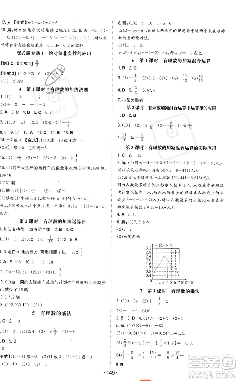 湖南教育出版社2023年一本同步訓(xùn)練七年級(jí)上冊(cè)數(shù)學(xué)北師大版答案