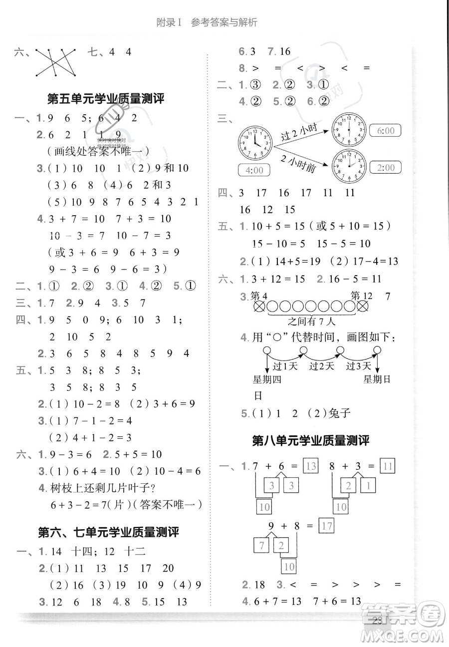 龍門書局2023黃岡小狀元作業(yè)本一年級上冊數(shù)學(xué)人教版答案