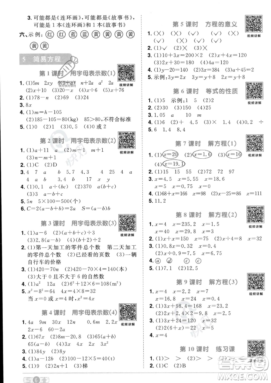 江西教育出版社2023陽光同學(xué)課時優(yōu)化作業(yè)五年級上冊數(shù)學(xué)人教版答案