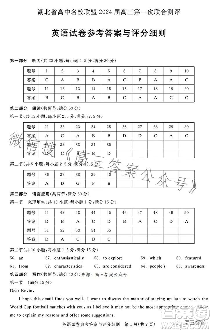 湖北省高中名校聯(lián)盟2024屆高三第一次聯(lián)合測(cè)評(píng)英語(yǔ)試卷答案