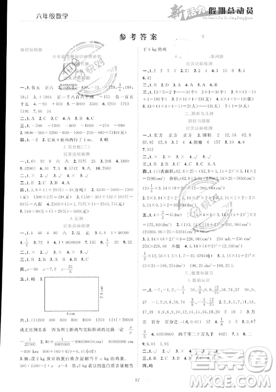 甘肅文化出版社2023年新活力暑假總動員六年級數(shù)學人教版答案