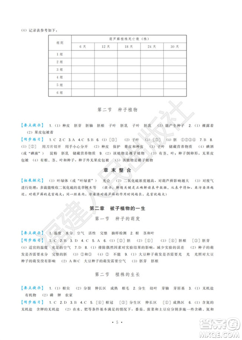 福建人民出版社2023年秋季頂尖課課練七年級(jí)生物上冊(cè)人教版參考答案