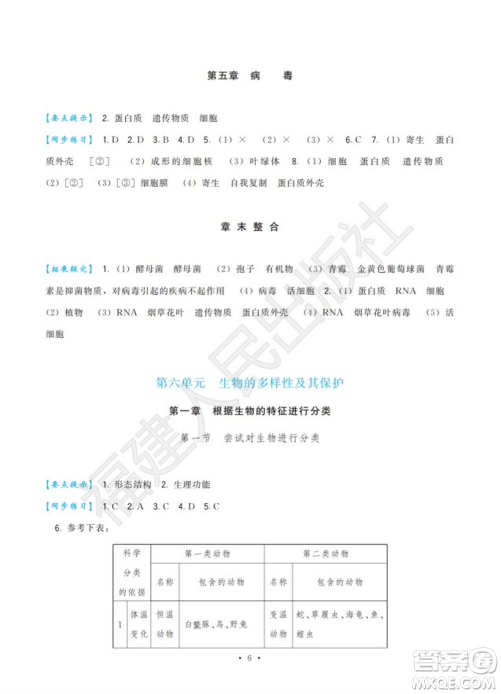 福建人民出版社2023年秋季頂尖課課練八年級生物上冊人教版參考答案