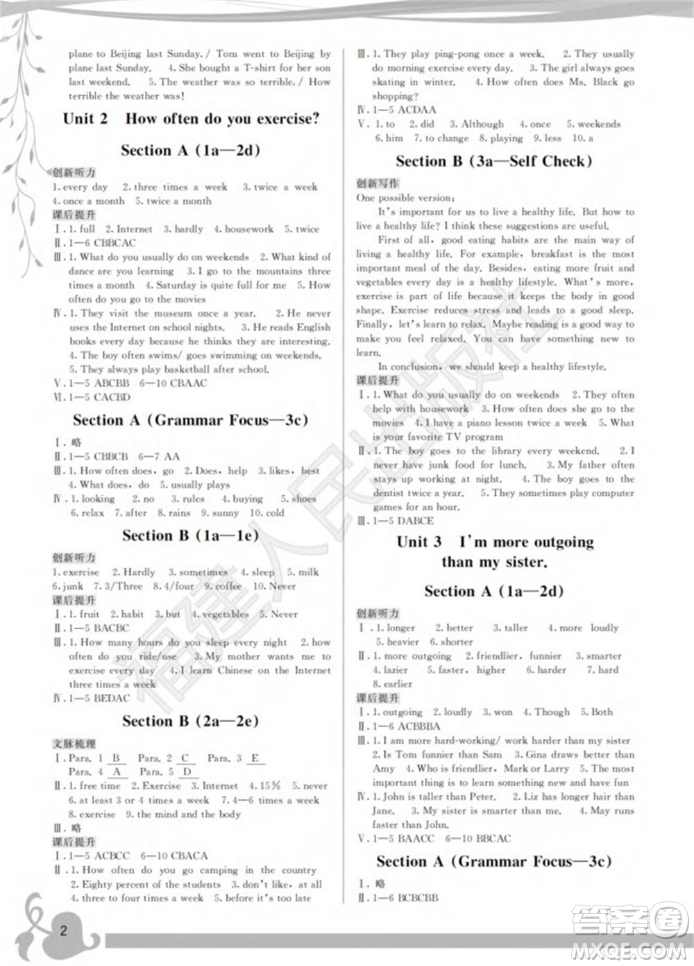 福建人民出版社2023年秋季頂尖課課練八年級英語上冊人教版參考答案