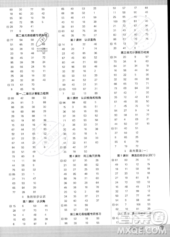 江西教育出版社2023年秋季陽光同學計算小達人二年級上冊數(shù)學人教版答案