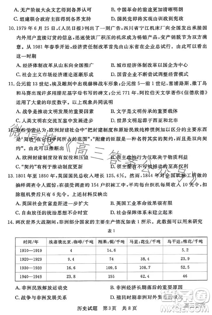 2023年湖北省部分名校高三新起點8月聯(lián)考歷史試題答案