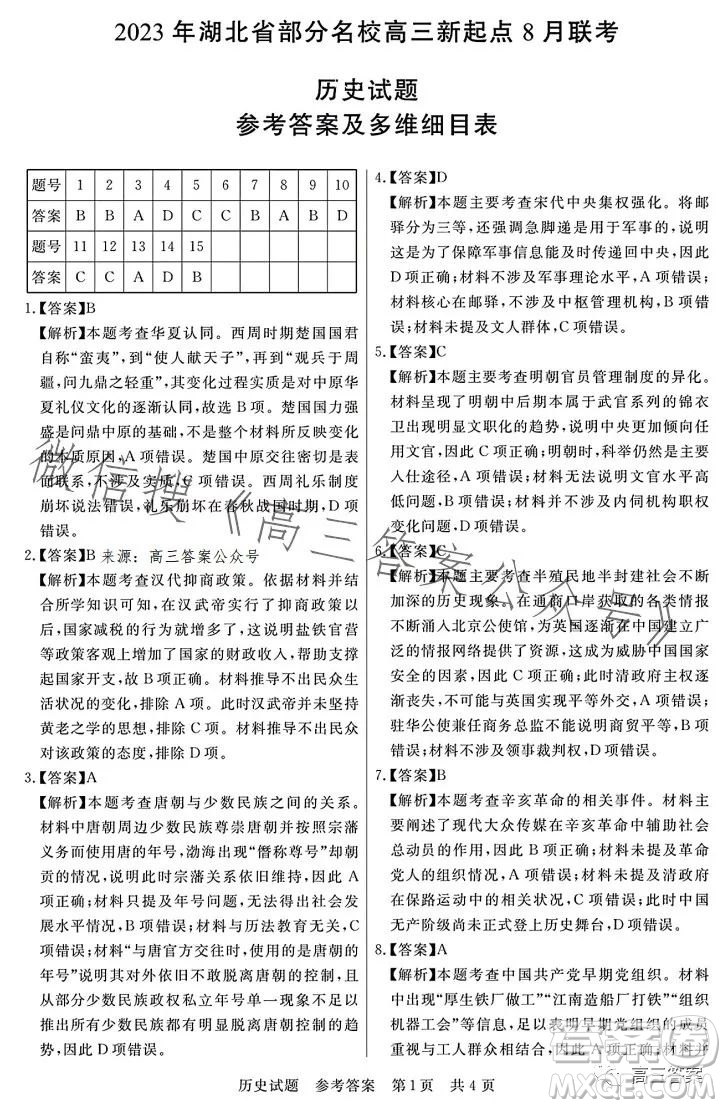 2023年湖北省部分名校高三新起點8月聯(lián)考歷史試題答案