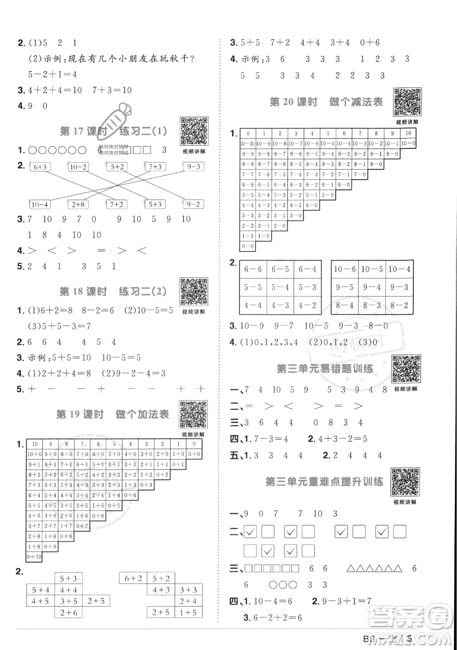 江西教育出版社2023年秋季陽光同學(xué)課時優(yōu)化作業(yè)一年級上冊數(shù)學(xué)北師大版答案