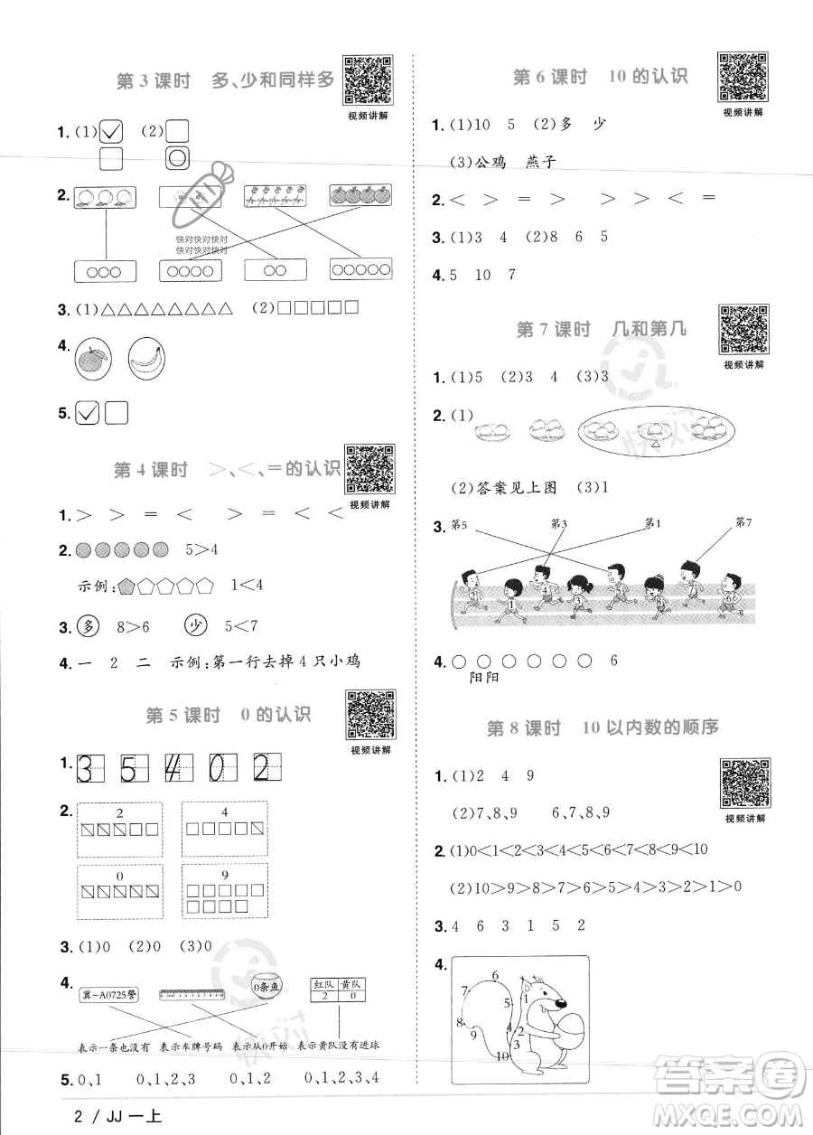 江西教育出版社2023年秋季陽光同學(xué)課時(shí)優(yōu)化作業(yè)一年級上冊數(shù)學(xué)冀教版答案