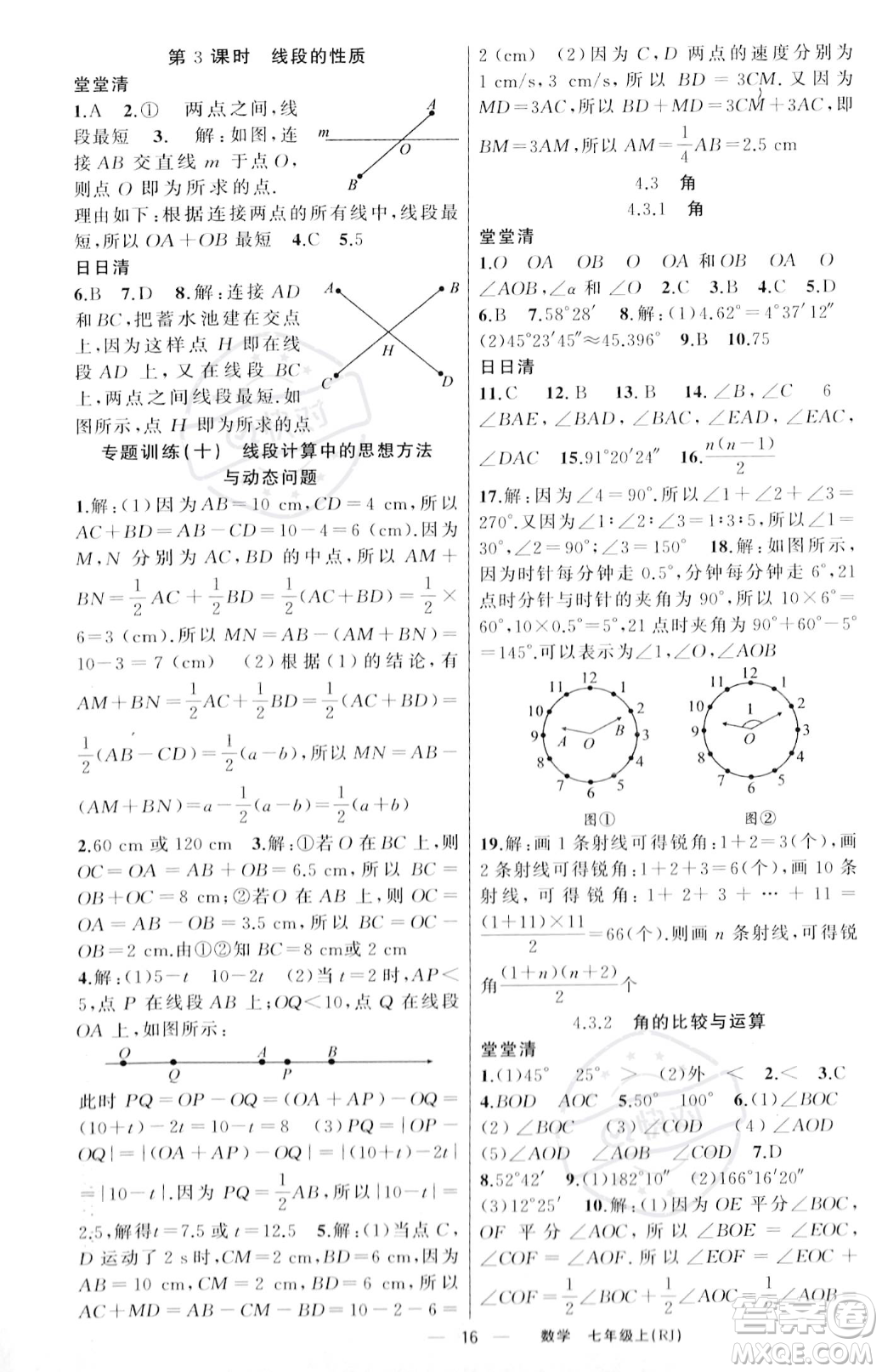 新疆青少年出版社2023年秋季四清導(dǎo)航七年級上冊數(shù)學(xué)人教版河南專版答案