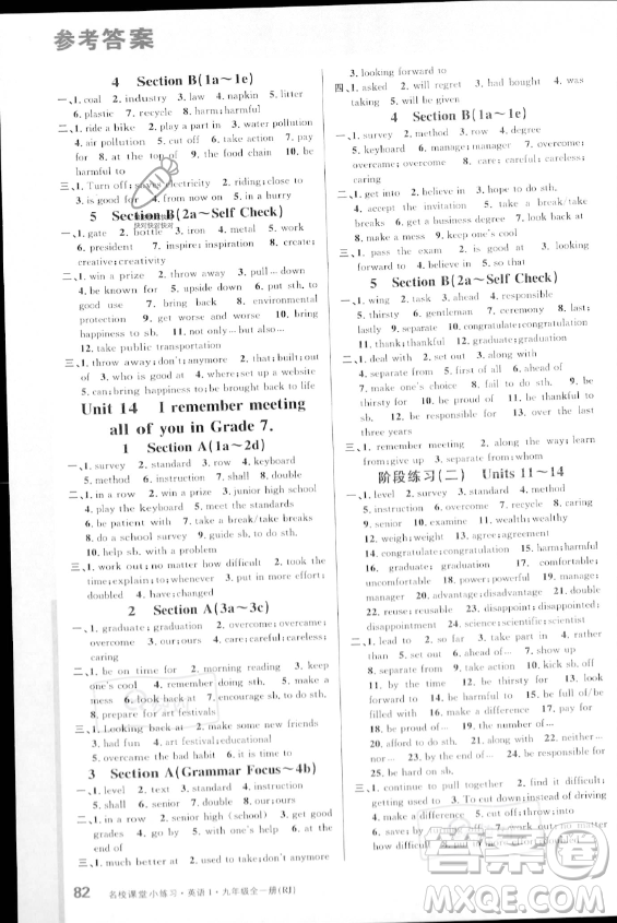 廣東經(jīng)濟(jì)出版社2023年秋季名校課堂小練習(xí)九年級(jí)全冊(cè)英語(yǔ)人教版答案