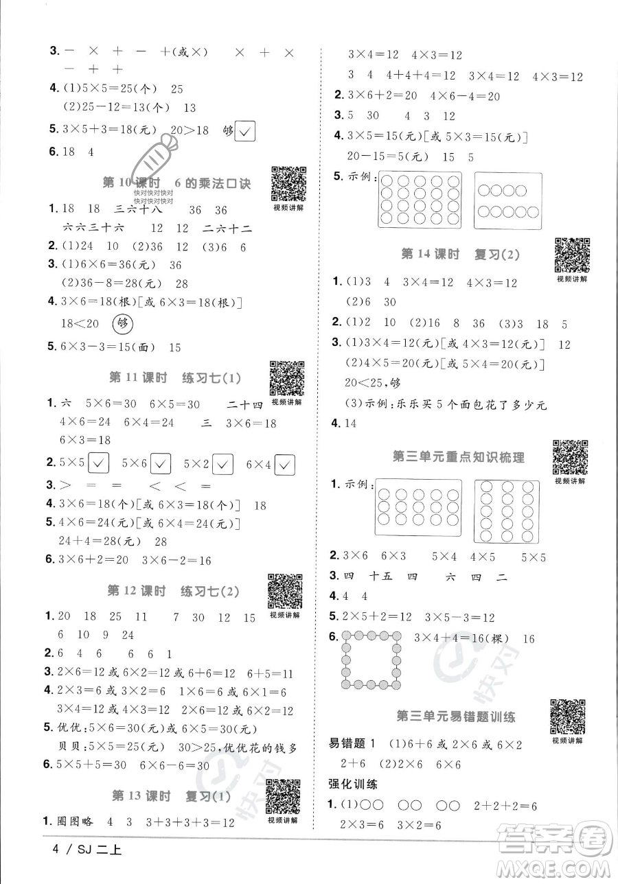 江西教育出版社2023年秋季陽光同學(xué)課時優(yōu)化作業(yè)二年級上冊數(shù)學(xué)蘇教版答案