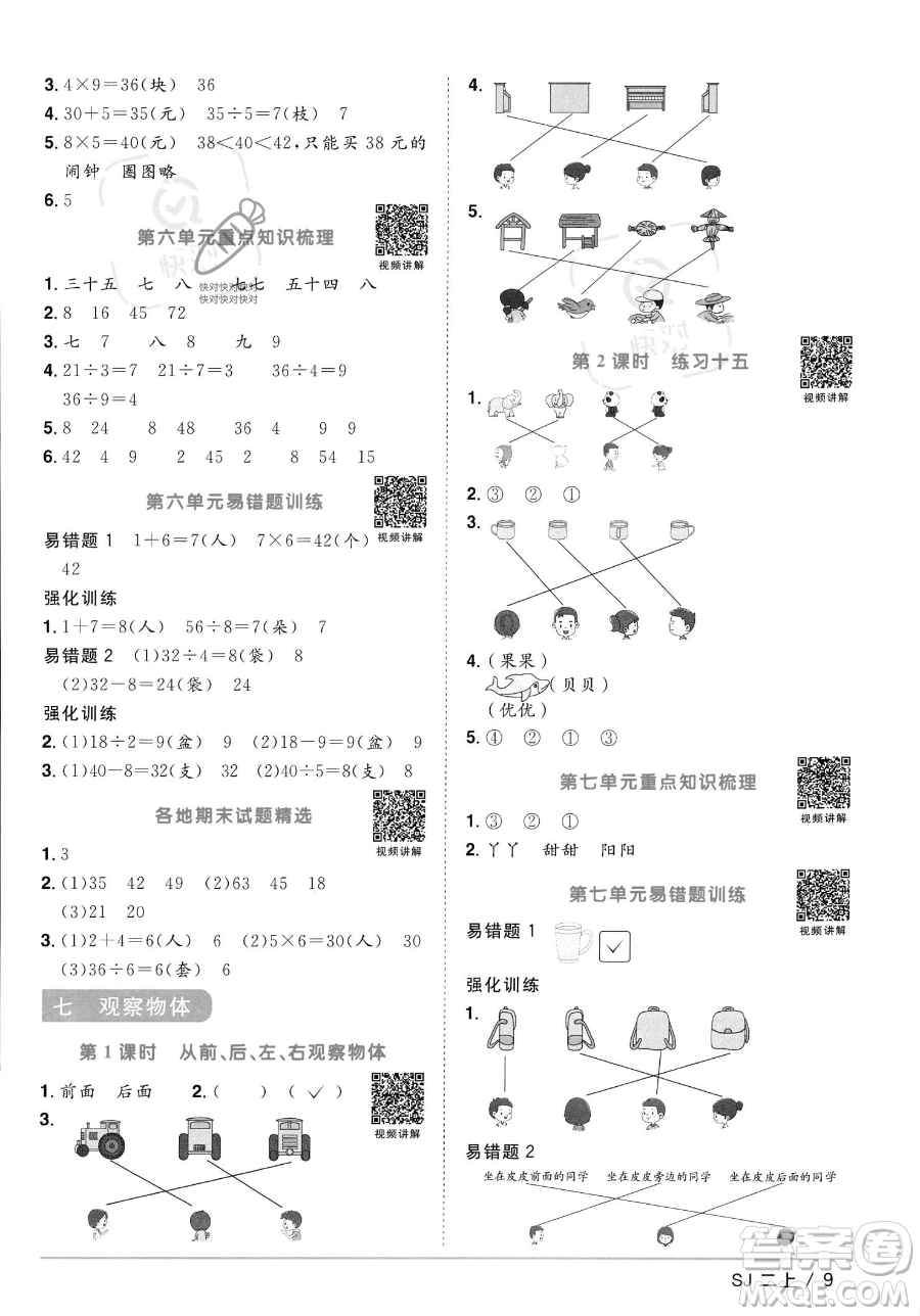 江西教育出版社2023年秋季陽光同學(xué)課時優(yōu)化作業(yè)二年級上冊數(shù)學(xué)蘇教版答案