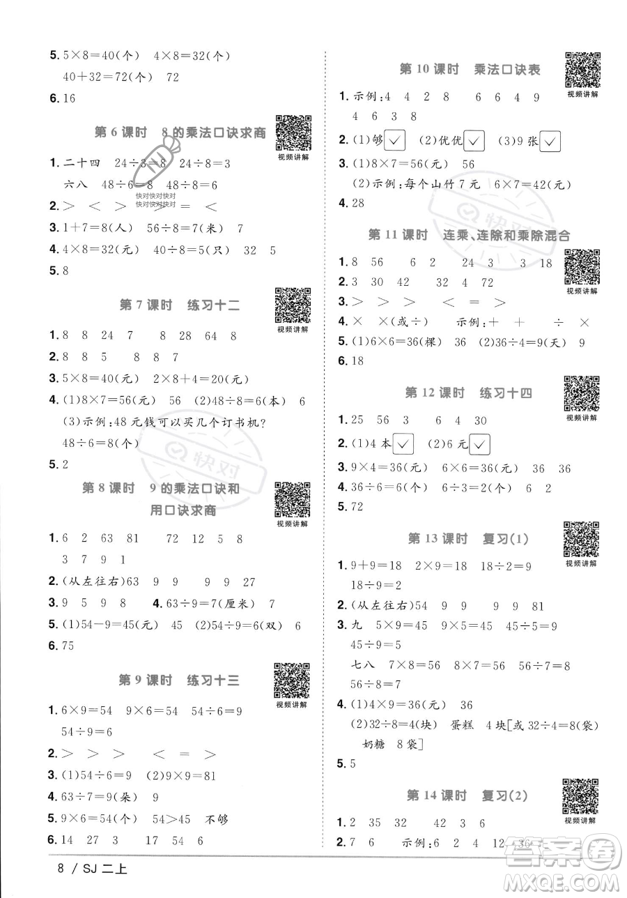 江西教育出版社2023年秋季陽光同學(xué)課時優(yōu)化作業(yè)二年級上冊數(shù)學(xué)蘇教版答案