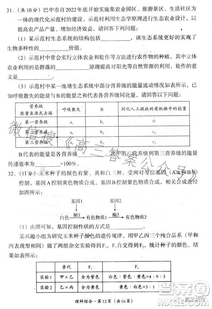 巴中市普通高中2024屆高三零診考試?yán)砜凭C合試卷答案