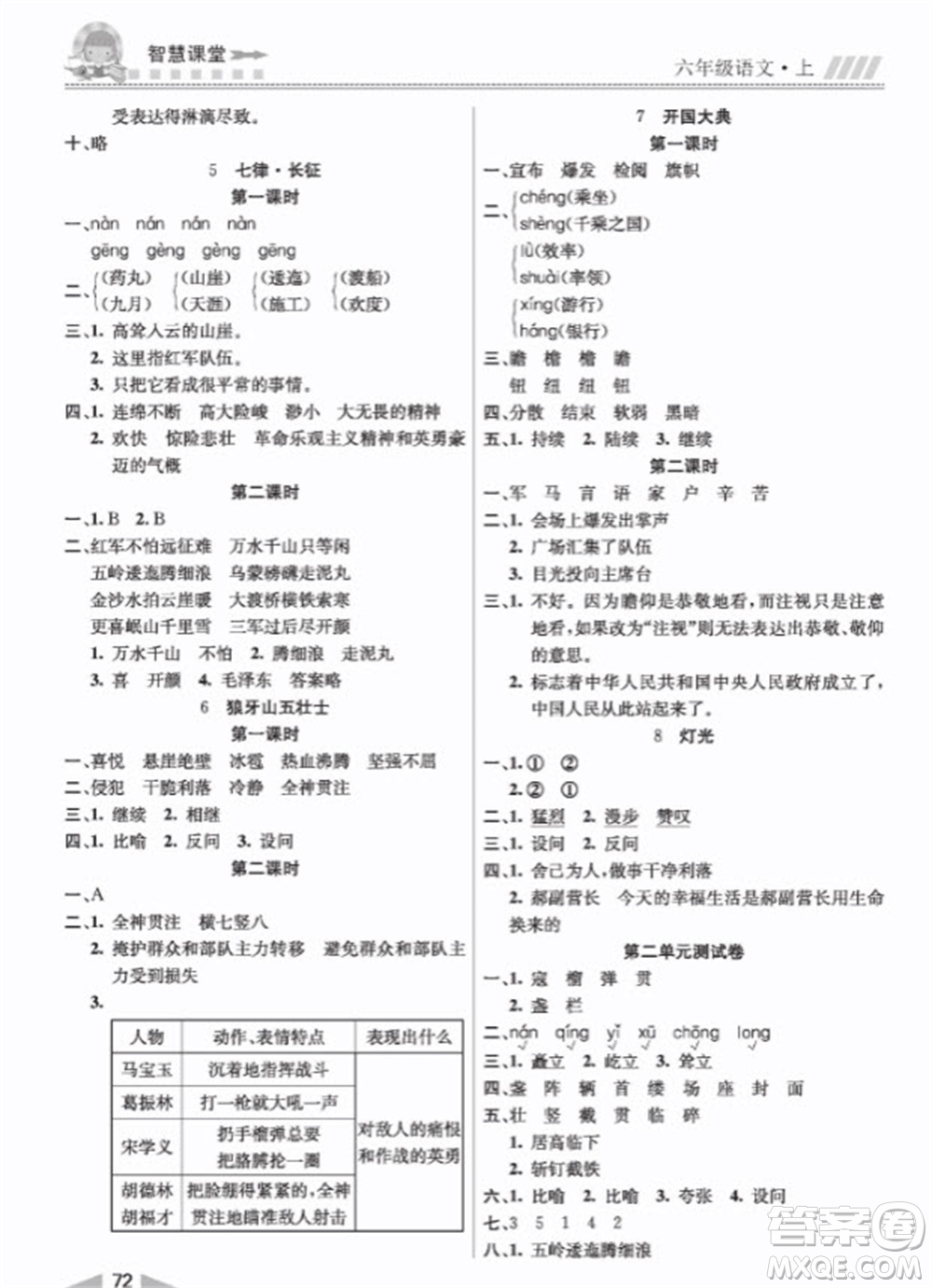 云南科技出版社2023秋智慧課堂同步講練測六年級語文上冊人教版參考答案