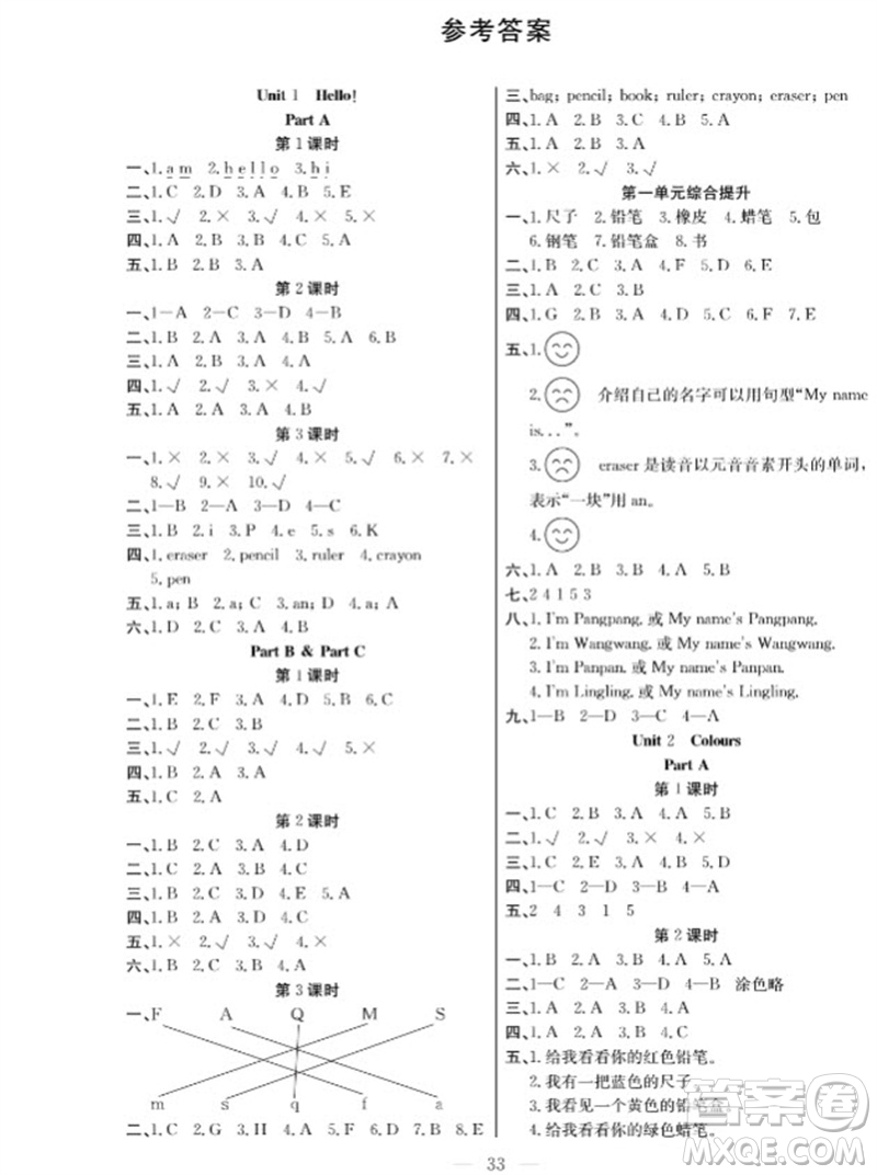 合肥工業(yè)大學(xué)出版社2023年秋課堂制勝課時作業(yè)三年級英語上冊人教版參考答案