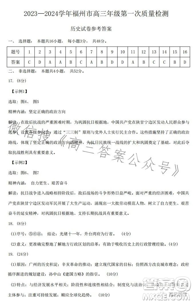 2023-2024學(xué)年福州市高三年級第一次質(zhì)量檢測歷史試題答案