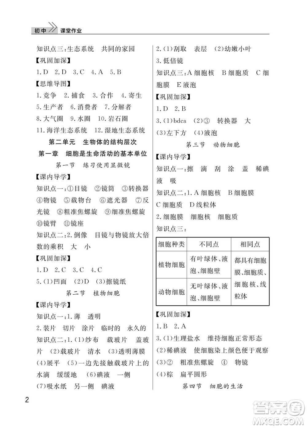 武漢出版社2023年秋智慧學(xué)習(xí)天天向上課堂作業(yè)七年級生物上冊人教版參考答案