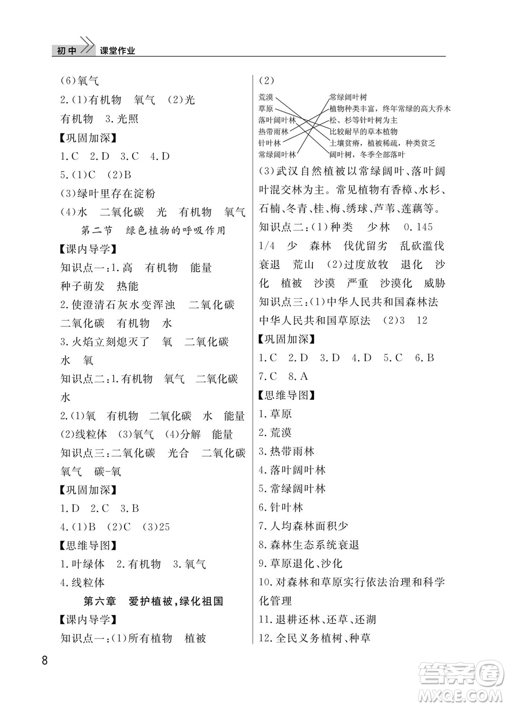 武漢出版社2023年秋智慧學(xué)習(xí)天天向上課堂作業(yè)七年級生物上冊人教版參考答案