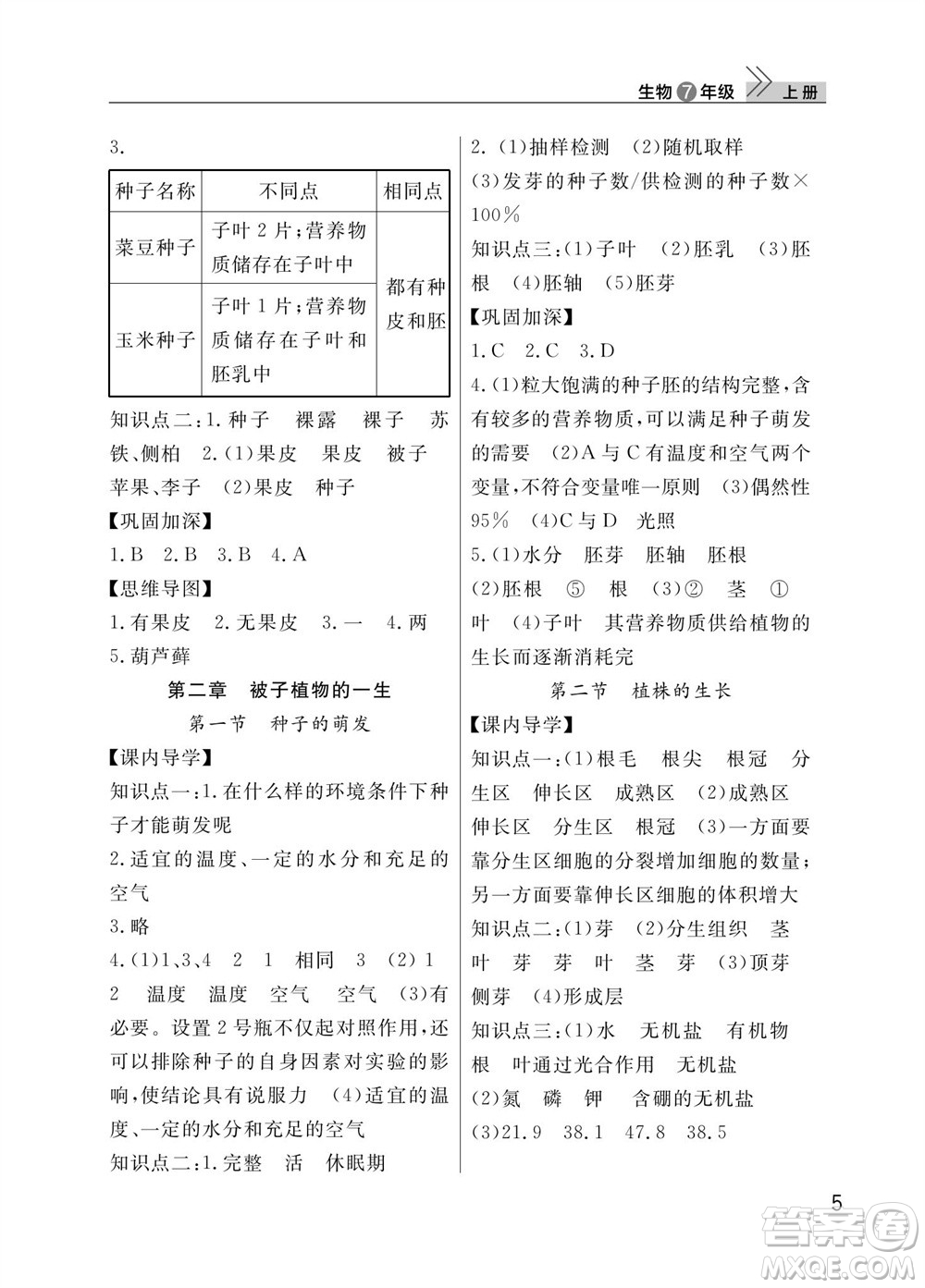 武漢出版社2023年秋智慧學(xué)習(xí)天天向上課堂作業(yè)七年級生物上冊人教版參考答案