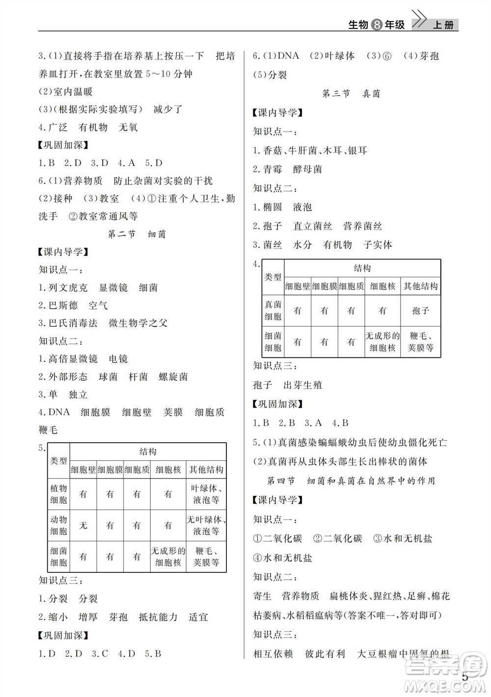 武漢出版社2023年秋智慧學習天天向上課堂作業(yè)八年級生物上冊人教版參考答案