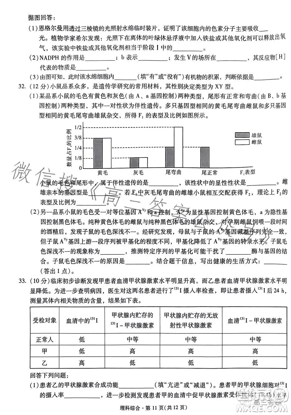 昆明市第一中學(xué)2024屆高中新課標(biāo)高三第一次摸底測試?yán)砜凭C合答案